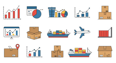 Varied logistics icons graphs boxes airplane ships and containers