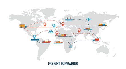 World map showcasing global freight forwarding with trucks ships and airplanes connected by dotted lines