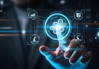 Fototapeta premium Futuristic interface with glowing gears and business icons activated by finger