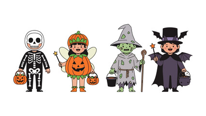 Spooky Squad: A collection of adorable children dressed up in various Halloween costumes, perfect for adding a touch of festive fun to your designs.