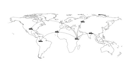 World map showing shipping routes with dotted lines connecting various continents