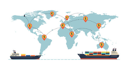World map with connected currency markers cargo ships indicate global trade or shipping routes