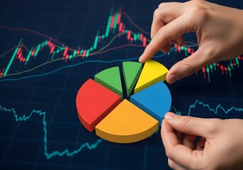 Hands arranging colorful pie chart segments over stock market trading graph background