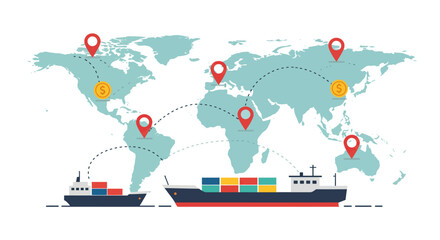 World map with shipping routes marked locations and transport vessels © Donjuan Visual