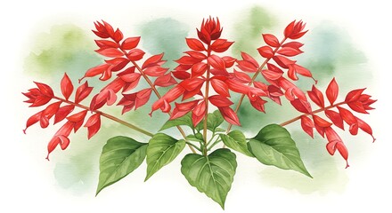 Watercolor illustration of red flowers and green leaves against watercolor background