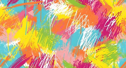 Energetic abstract background with vibrant colorful paint brush strokes in yellow, pink, blue, orange, and green, creating a lively, expressive, and modern artistic texture for creative visual project