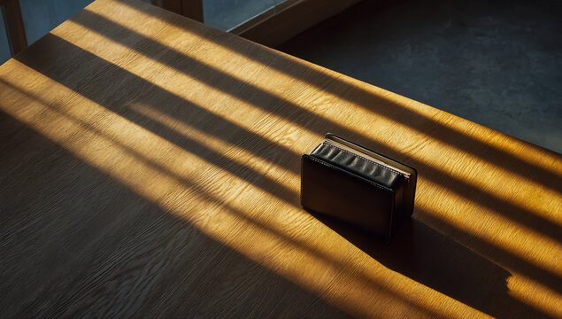Close up of a coiled metal spring casting a shadow on a wooden surface with striped light and shadow patterns