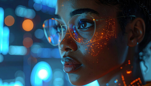 Digital Vision: A person with glasses in a futuristic scene, staring intensely at a holographic display, symbolizing the forefront of technological innovation and the digital world. - Powered by Adobe