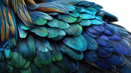 Feather Texture: Close-up shot showcasing the mesmerizing iridescent hues of a bird's plumage, with each feather displaying intricate details and a captivating blend of blue, green, and turquoise.