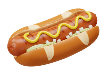 Isolated delicious hot dog with mustard and chopped onions in a soft golden bun classic American fast food snack meal