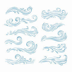 Wind line air swirl smoke vector icon set. Hand drawn doodle wind motion, air blow, swirl doodle elements. Sketch drawn air blow motion, smoke flow wave, abstract line. Vector illustration