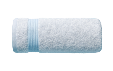 Folded white bath towel with light blue trim