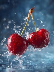 Two ripe red cherries are captured in a dynamic splash of water against a dark blue background