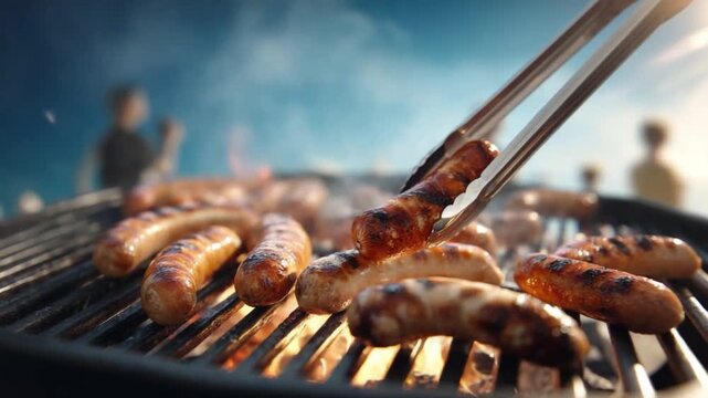 Barbecue Bonanza: Capture the essence of a sunny barbecue with sizzling sausages, inviting aromas, and people gathering in the backdrop, creating a picture of outdoor dining experience.