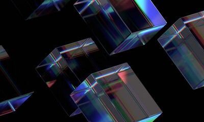 Fototapeta na wymiar Abstract iridescent glass cubes on a black background, 3d render