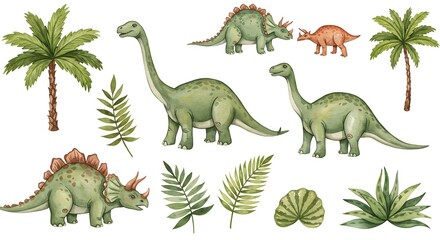 Watercolor illustration of various dinosaurs and palm trees for design