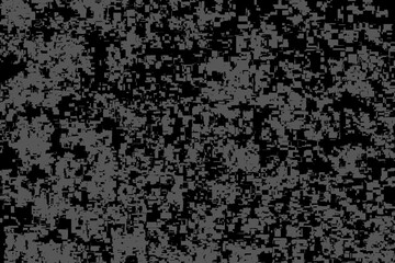 A moody, monochromatic abstract background featuring a heavy, chaotic, and fragmented pattern. The texture uses dark black and deep gray tones in a pixelated or glitch-art style.