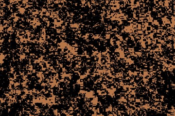 A modern, chaotic abstract background featuring a fragmented or pixelated pattern of black shapes against a warm brown.