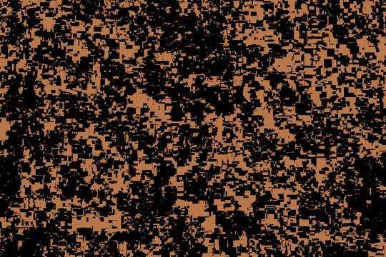 A modern, chaotic abstract background featuring a fragmented or pixelated pattern of black shapes against a warm brown.