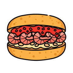 Delicious hand drawn shrimp burger with red sauce isolated on transparent background