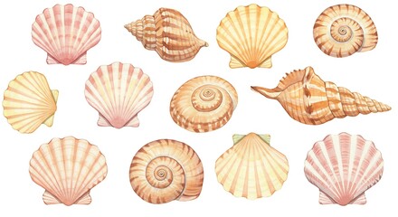 Watercolor illustration of various seashells on white background