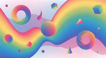 Abstract background with vibrant rainbow waves, swirling 3D geometric shapes, spheres, cones, and cubes, blending colorful gradients and soft pastel hues for a futuristic and playful digital design.

