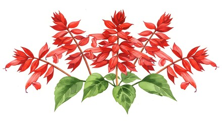 Watercolor illustration of vibrant red flowers with green leaves isolated