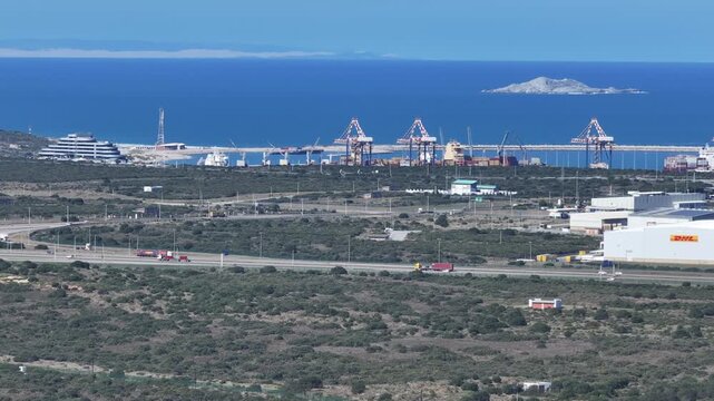 Aerial view of the new Coega port near Gqeberha (Port Elizabeth) on the east coast of South Africa. The Coega port serves as export hub for nearby manganese facilities as well as motor manufacturers. 