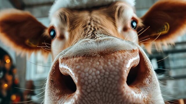 A friendly cow enjoys the holiday season in a warm barn decorated for winter celebrations with festive lights and decorations