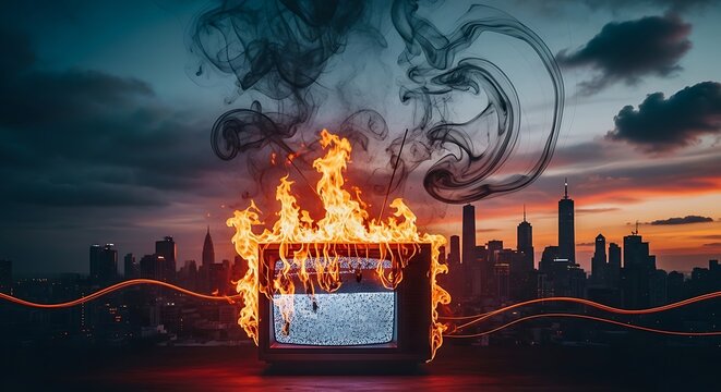 Burning Television, Urban Skyline, Disaster, Technology Failure, Retro TV.