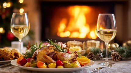 Christmas holiday dinner with roasted chicken and festive decorations by the fireplace