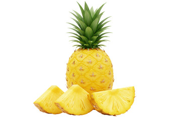 Isolated fresh ripe whole pineapple fruit with three juicy sweet yellow slices tropical healthy food ingredient delicious summer snack