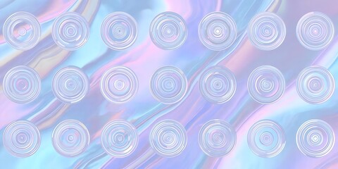 Circular patterns on iridescent surface create a mesmerizing effect with pastel colors including blue pink and purple in