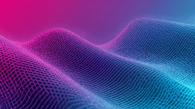 Abstract wireframe landscape with undulating geometric lines illuminated with gradients of pink and blue neon lights - Powered by Adobe