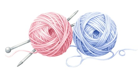 Watercolor illustration of yarn balls with knitting needles on white background