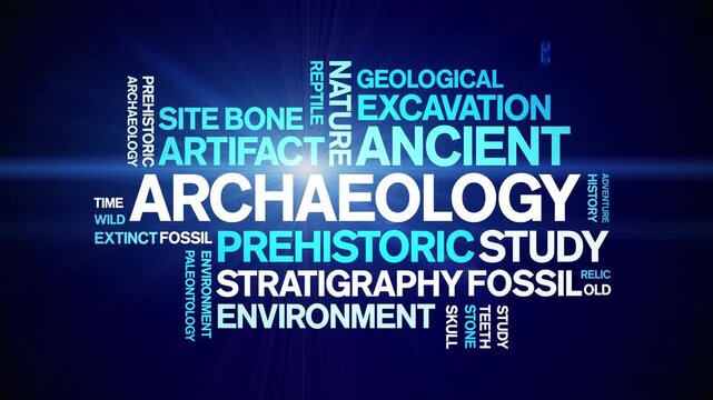Archaeology animated word cloud-text design animation tag kinetic typography seamless loop.