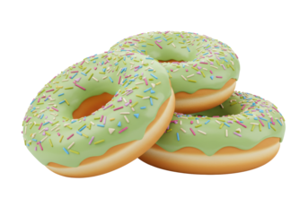 Isolated three delicious donuts with vibrant green icing and colorful sprinkles stacked sweet baked goods dessert snack food item confectionery treat