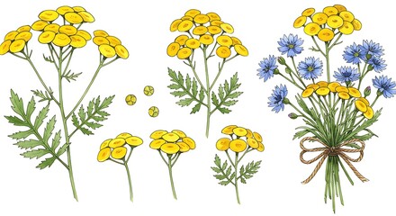 Watercolor illustration of yellow tansy flowers and blue wildflowers