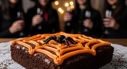A brownie with orange frosting in a spider web design topped with a black plastic spider and a group of people in the background
