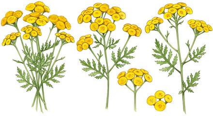 Watercolor illustration of yellow tansy flowers on white background