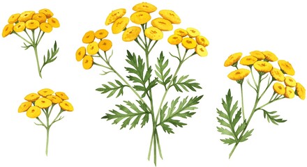 Watercolor illustration of yellow tansy flowers on white background