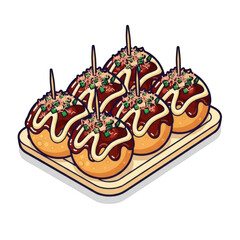 Delicious japanese takoyaki balls topped with sauce and flakes isolated on transparent background