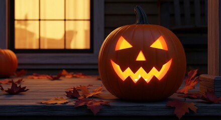 A lit jackolantern sits on a porch among fallen leaves beside a dimly lit window