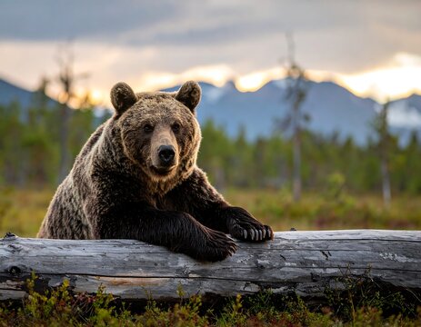 Brown Bear Relaxing on Log in Forest.