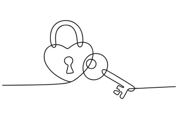 Continuous one line drawing of a heart shaped lock and key. Vector illustration. one line Icon drawing with white background
