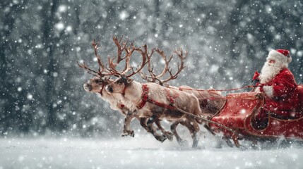 Santa Claus in a red suit rides a sleigh pulled by reindeer through a snowy scene. Snowflakes fall gently around them capturing a magical holiday moment.