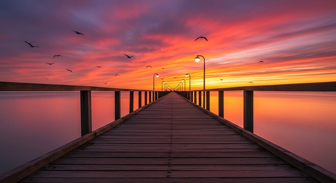 Wooden pier extends over calm water under vibrant sunset sky with birds