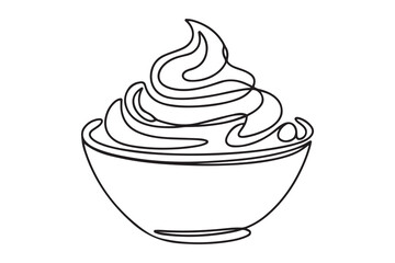 Whipped cream in a bowl in continuous one line art style. Simple vector illustration. one line Icon drawing with white background