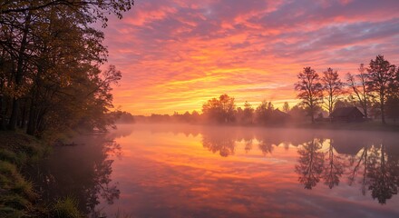 Obraz premium Sunrise over river with colorful sky and reflective water scenery