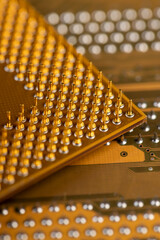 an electronic board with electrical components for connecting various devices into one system, close up